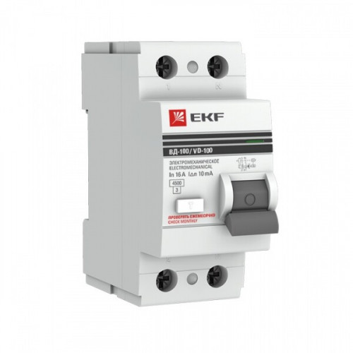 Выключатель дифференциальный (УЗО) ВД-100 2P 50А/30мА (тип АС, электромеханическое) PROxima | elcb-2-50-30-em-pro | EKF