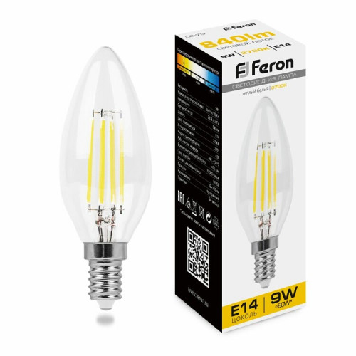 Лампа светодиодная LB-73 (9W) 230V E14 2700K филамент С35 прозрачная | 25956 | FERON