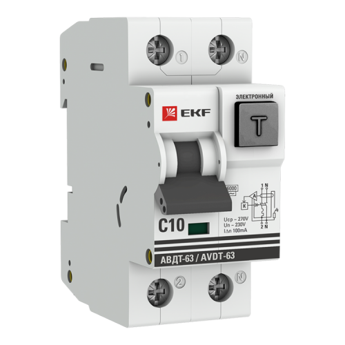 Выключатель автоматический дифференциального тока АВДТ-63 10А/100мА (характеристика C, электронный, тип АС) 6кА PROxima | DA63-10-100e-AC | EKF