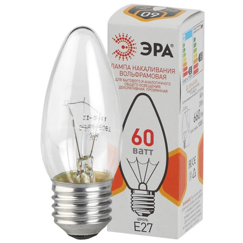Лампа накаливания ЛОН ДС 60-230-E27-CL (B36) свечка 60Вт 230В E27 цв. упаковка | Б0039130 | ЭРА