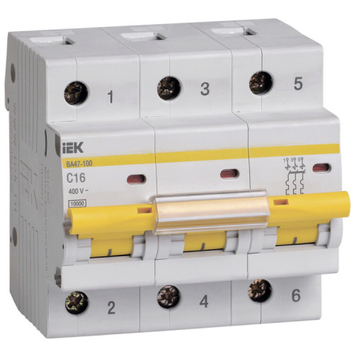 Выключатель автоматический трехполюсный ВА47-100 16А C 10кА | MVA40-3-016-C | IEK