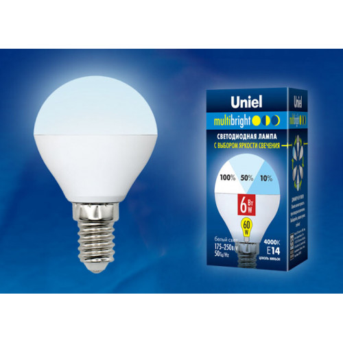 Лампа светодиодная LED-G45-6W/NW/E14/FR/MB PLM11WH LED. «шар», матовая. Серия Multibright. 4000K 100-50-10 . | UL-00002376 | Uniel