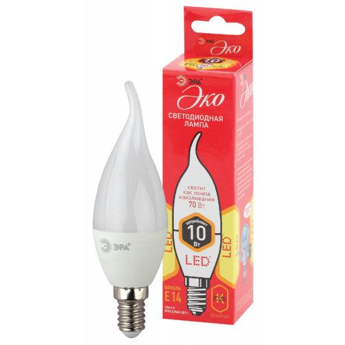 Лампа светодиодная RED LINE ECO LED BXS-10W-827-E14 E14 / Е14 10Вт свеча на ветру теплый белый свет | Б0040885 | ЭРА