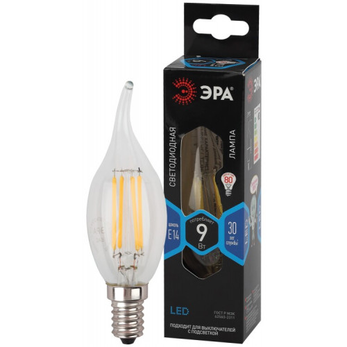 Лампа светодиодная F-LED BXS-9W-840-E14 (филамент, свеча на ветру, 9Вт, нетр, E14) | Б0047005 | ЭРА