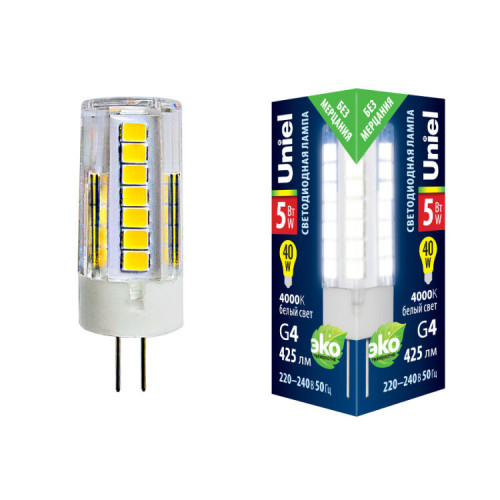 Лампа светодиодная LED-JC-220/5W/4000K/G4/CL GLZ09TR LED, прозр 4000К | UL-00006745 | Uniel