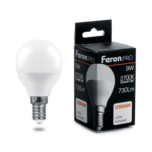 Лампа светодиодная .PRO LB-1409 Шарик E14 9W 2700K OSRAM LED | 38077 | Feron
