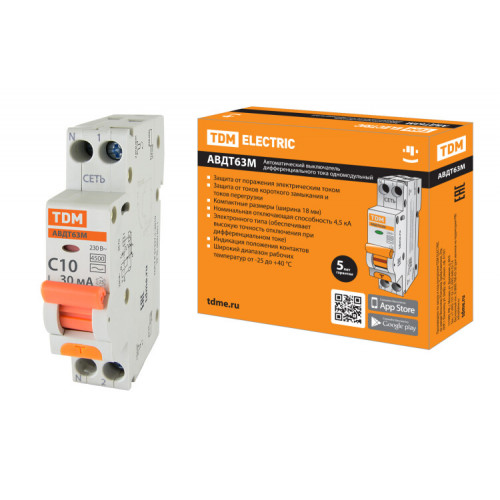 Выключатель автоматический дифференциального тока АВТД 63М 1+N 10А C 30мА AC (1 мод) | SQ0202-0059 | TDM