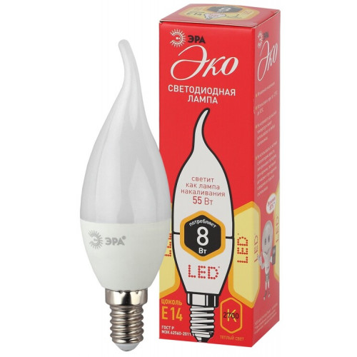 Лампа светодиодная RED LINE ECO LED BXS-8W-827-E14 8Вт свеча на ветру теплый белый свет | Б0040883 | ЭРА