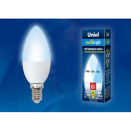 Лампа светодиодная LED-C37-6W/NW/E14/FR/MB PLM11WH LED. «свеча», матовая. Серия Multibright. 4000K 100-50-10 . | UL-00002374 | Uniel