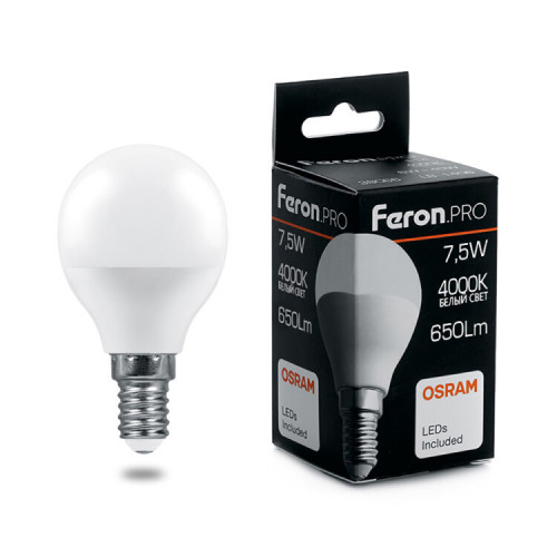 Лампа светодиодная .PRO LB-1407 Шарик E14 7.5W 4000K OSRAM LED | 38072 | Feron