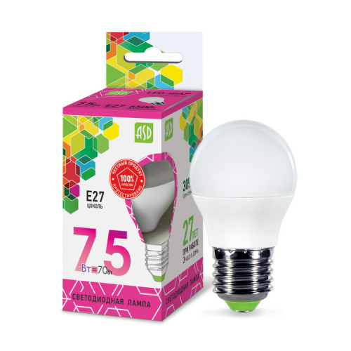 Лампа светодиодная LED-ШАР-standard 7.5Вт 230В Е27 6500К 675Лм | 4690612019154 | ASD