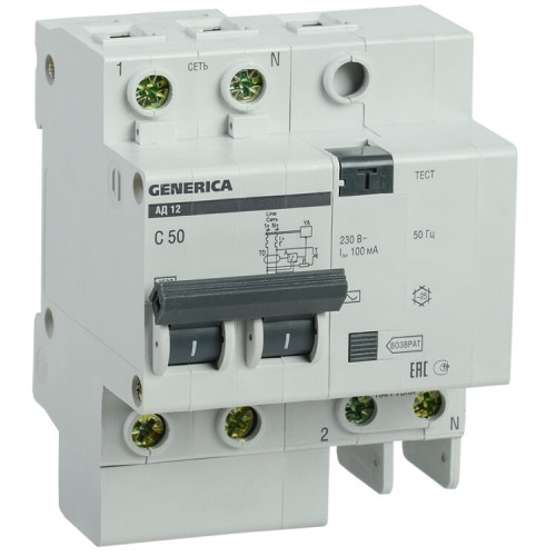Выключатель автоматический дифференциального тока АД12 GENERICA 2п 50А C 100мА тип AC (4 мод) | MAD15-2-050-C-100 | IEK