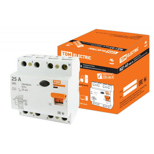 Выключатель дифференциальный (УЗО) ВД1-63 4п 25А 30мА тип A | SQ0203-0085 | TDM