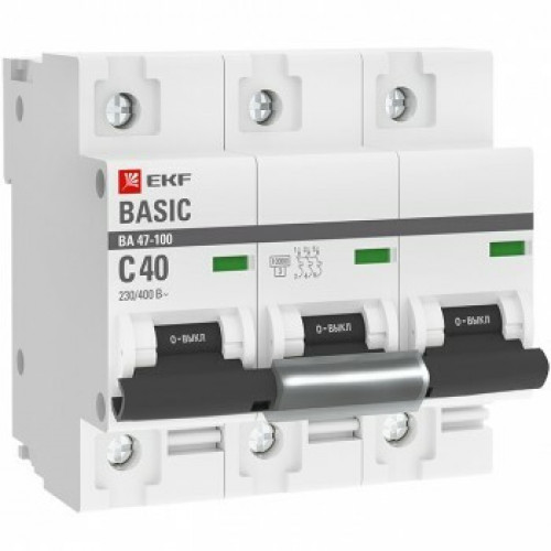 Выключатель автоматический трехполюсной 3P 40А (C) 10kA ВА 47-100 Basic | mcb47100-3-40C-bas | EKF