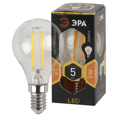 Лампа светодиодная F-LED P45-5W-827-E14 (филамент, шар, 5Вт, тепл, E14) | Б0043437 | ЭРА
