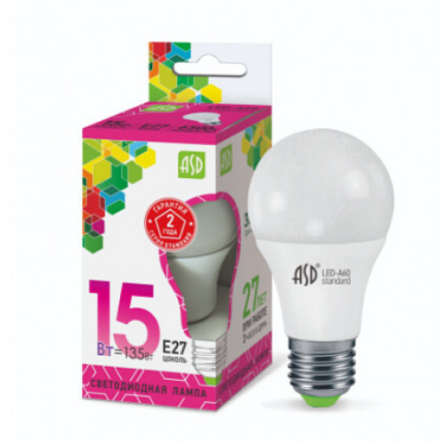 Лампа светодиодная LED-A60-standard 15Вт грушевидная 230В E27 6500К 1350Лм | 4690612014203 | ASD