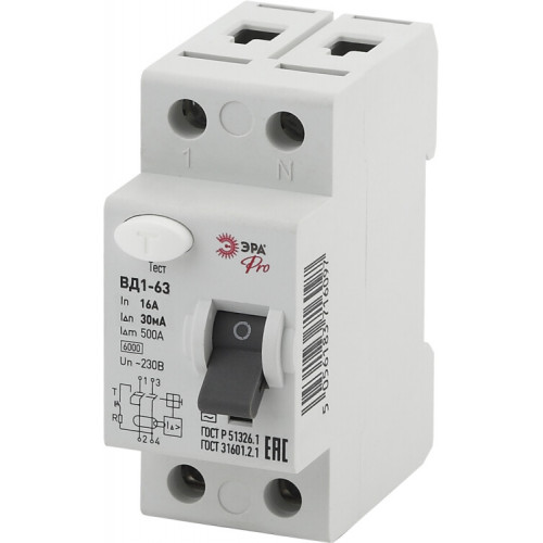 Выключатель дифференциальный (УЗО) (электромеханическое) ВД1-63 1P+N 16А 30mA N Pro (OZ)| Б0035719 | ЭРА