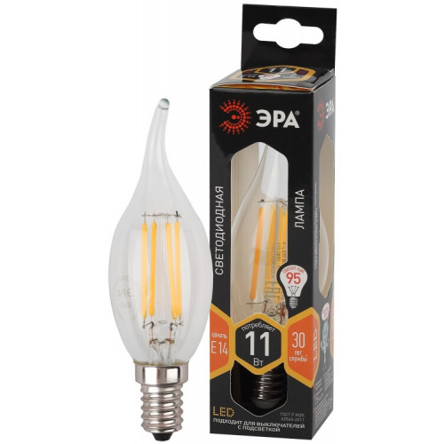 Лампа светодиодная F-LED BXS-11W-827-E14 (филамент, свеча на ветру, 11Вт, тепл, E14) | Б0047001 | ЭРА