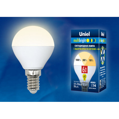 Лампа светодиодная LED-G45-6W/WW/E14/FR/MB PLM11WH LED. «шар», матовая. Серия Multibright. 3000K 100-50-10 . | UL-00002375 | Uniel