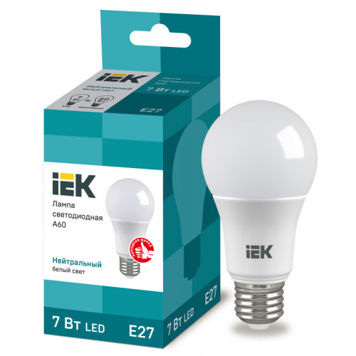 Лампа светодиодная LED 7Вт Е27 220В 4000К A60 шар | LLE-A60-7-230-40-E27 | IEK