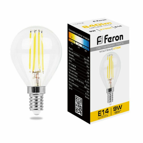 Лампа светодиодная LB-509 (9W) 230V E14 2700K филамент G45 прозрачная | 38001 | FERON