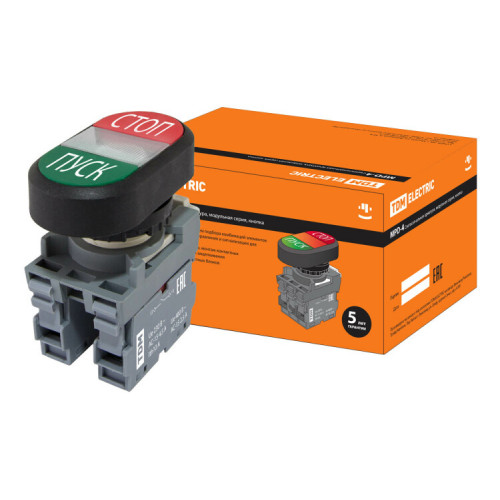Кнопка двойная MPD4-11С (зеленая/красная)(LED) в сборе d22мм/220В (ПУСК/СТОП) линза прозрачная | SQ0747-0057 | TDM