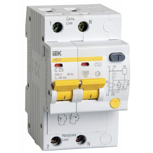 Выключатель автоматический дифференциального тока АД12 2п 25А C 100мА тип AC (3 мод) | MAD10-2-025-C-100 | IEK
