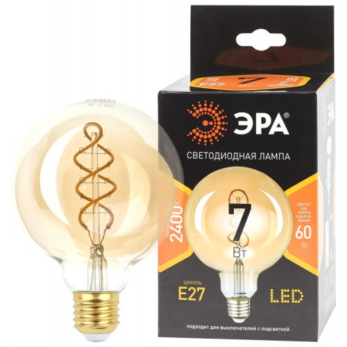 Лампа светодиодная F-LED G95-7W-824-E27 spiral gold (филамент, шар спир зол, 7Вт, тепл, E27) (20/560) | Б0047663 | ЭРА