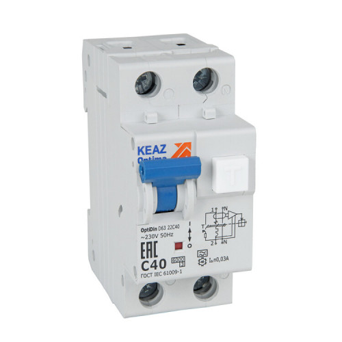 Выключатель автоматический дифференциального тока OptiDin D63-24C10-A-У3 6кА (2P, C10, 300mA) | 333155 | КЭАЗ