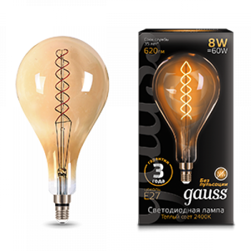 Лампа светодиодная LED Vintage Filament Flexible A160 8W E27 160*300mm Amber 620lm 2400K 1/6 | 150802008 | Gauss