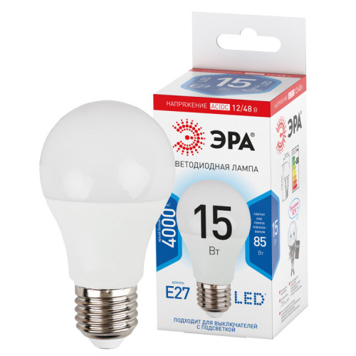 Лампа светодиодная LED A60-15W-12/48V-840-E27 (диод, груша, 15Вт, 12/48В, нейтр, E27) | Б0049099 | ЭРА