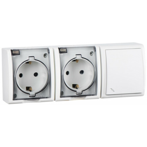 Блок IP54. Розетка двойная с крышкой и заземлением Schuko 2x2Р+Е 16A + Переключатель (проходной) 10AX 250В белого цвета S15 Aqua | 1594526-030 | Simon