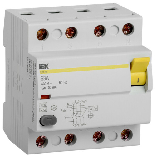 Выключатель дифференциальный (УЗО) ВД1-63 4п 63А 100мА тип A | MDV11-4-063-100 | IEK