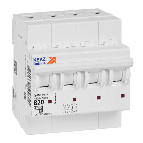 Выключатель автоматический четырехполюсной OptiDin BM63-4B20-4,5-УХЛ3 (КЭАЗ) | 329529 | КЭАЗ