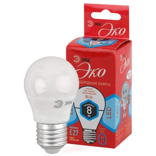 Лампа cветодиодная ECO LED P45-8W-840-E27 (диод, шар, 8Вт, нейтр, E27) (10/100/3500) | Б0030025 | ЭРА