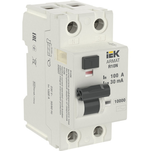 Выключатель дифференциальный (УЗО) R10N 2P 100А 30мА тип AC ARMAT | AR-R10N-2-100C030 | IEK