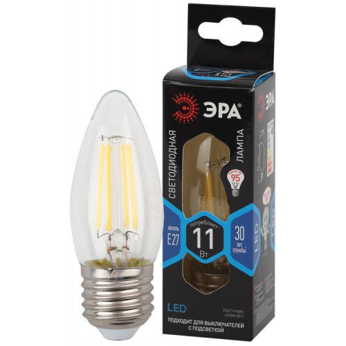 Лампа светодиодная F-LED B35-11w-840-E27 (филамент, свеча, 11Вт, нейтр, E27) | Б0046988 | ЭРА