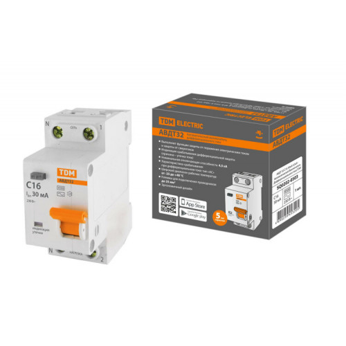 Выключатель автоматический дифференциального тока АВДТ 32 1п+N 16А C 30мА тип АС 4,5кА | SQ0202-0503 | TDM