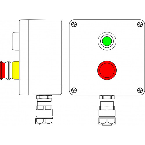 Коробка клеммная Ex из GRP; 1Ex d e IIC T5 Gb X IP66; Ex tb IIIB T95C DbX; Аварийная кнопка красная, 1NC/1NO -1 шт.; Кнопка Зеленая, 1NC/1NO -1шт.;B: