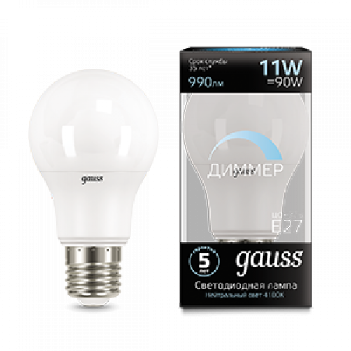 Лампа светодиодная LED 11Вт E27 220В 4100К A60, диммируемая | 102502211-D | Gauss