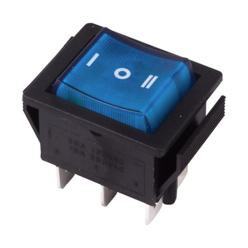 Выключатель клавишный 250V 15А (6с) ON-OFF-ON синий с подсветкой и нейтралью | 36-2391 | REXANT