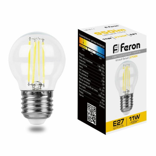 Лампа светодиодная LB-511 (11W) 230V E27 2700K филамент G45 прозрачная | 38015 | FERON