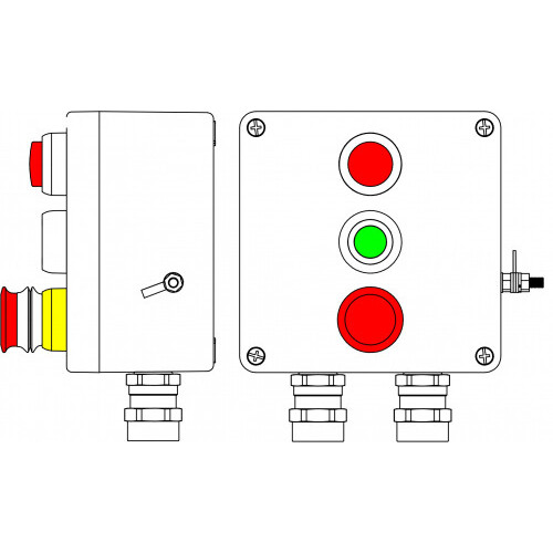 Ex пост управления из GRP Аварийная кнопка красная, 1NC/1NO -1 шт.; Кнопка зеленая, 1NC/1NO-1 шт.; Лампа красная 20V-250V -1 шт.; С: ввод D5,5-13мм по
