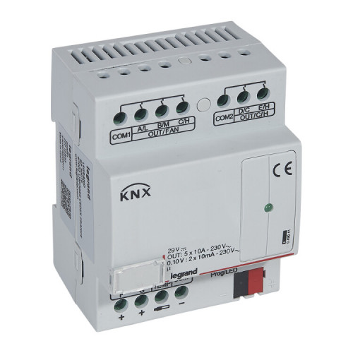 KNX. Контроллер управления фанкоилами 0-10В (3 скорости вентилятора, 2 клапана 0-10В) . DIN 4 модуля | 049041 | Legrand