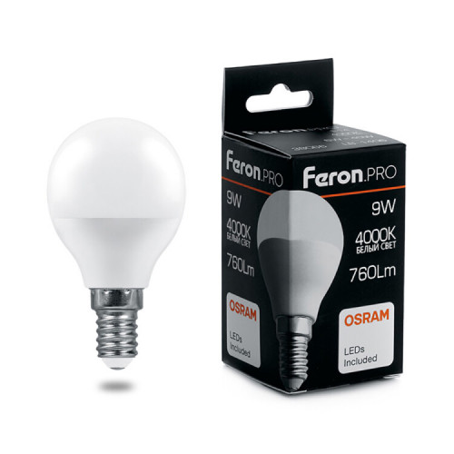 Лампа светодиодная .PRO LB-1409 Шарик E14 9W 4000K OSRAM LED | 38078 | Feron