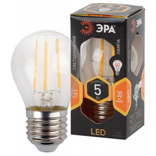 Лампа светодиодная F-LED P45-5W-827-E27 (филамент, шар, 5Вт, тепл, E27) (25/50/3750) | Б0019008 | ЭРА