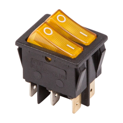 Выключатель клавишный 250V 15А (6с) ON-OFF желтый с подсветкой ДВОЙНОЙ | 36-2413 | REXANT