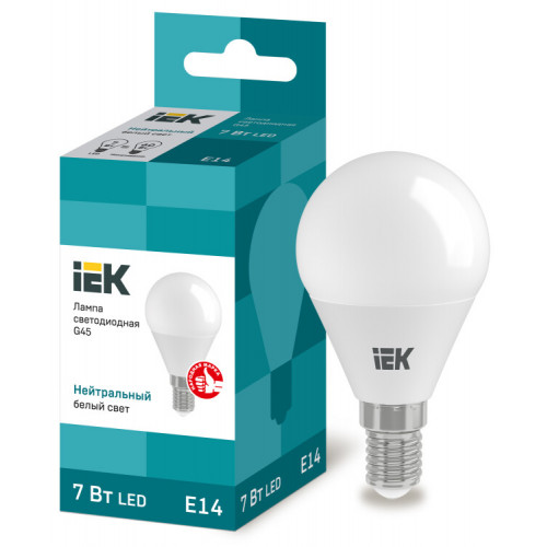 Лампа светодиодная LED 7Вт Е14 220В 4000К G45 шар | LLE-G45-7-230-40-E14 | IEK
