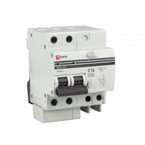 Выключатель автоматический дифференциальный АД-2 S 50А/100мА (характеристика C, AC, электронный, защита 270В) 6кА PROxima | DA2-6-50-100S-pro | EKF