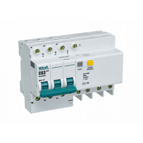 Выключатель автоматический дифференциального тока со встроенной защитой от сверхтоков ДИФ-101 3P+N 63А 30мА AC С | 15190DEK | DEKraft